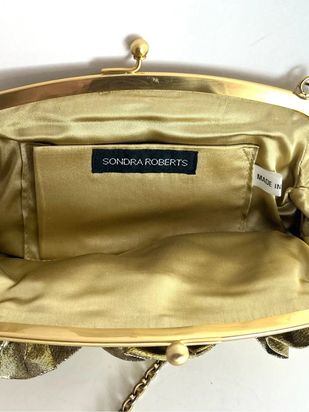 Gold Floral Accent Evening Clutch with Chain Strap by Sondra Roberts